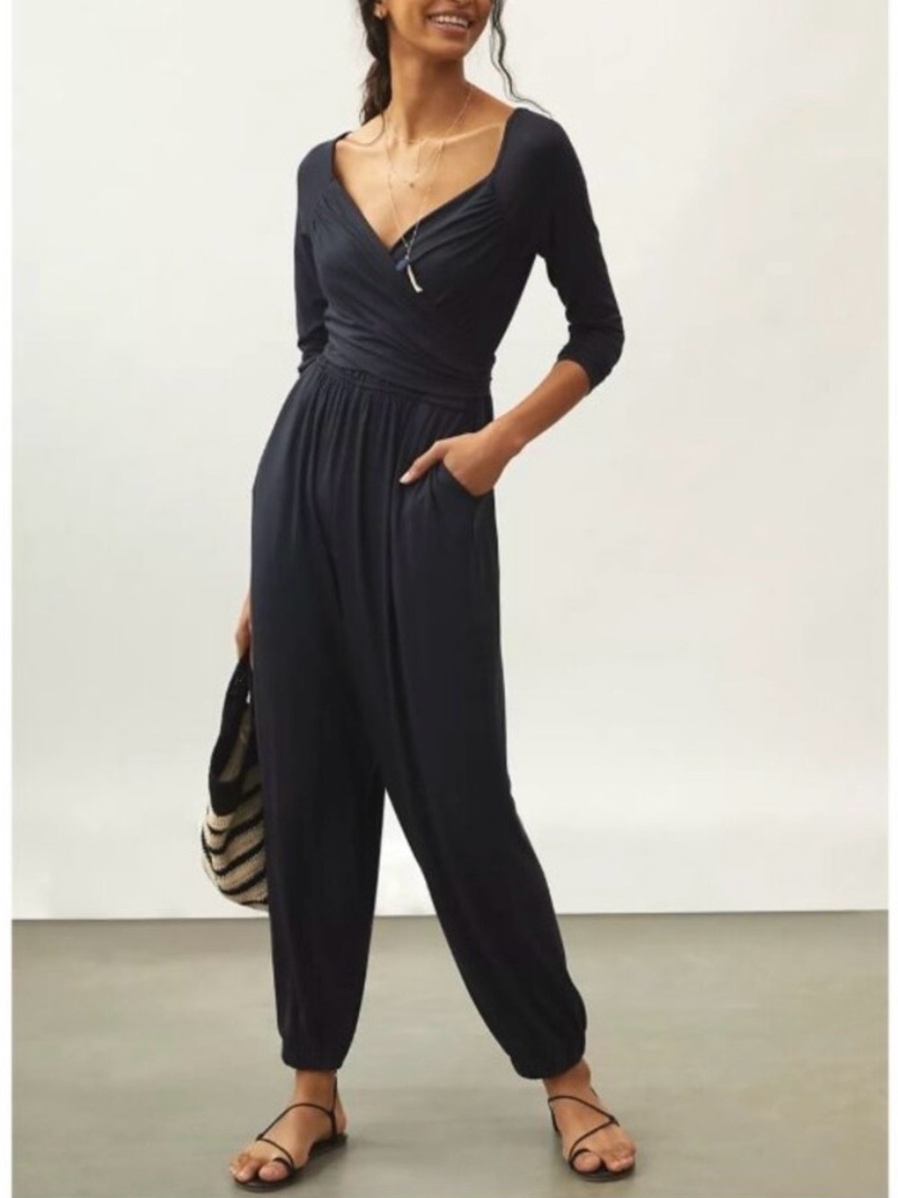 Daily Practice Wrap Lounge Jumpsuit Anthropologie Black Boho Athleisure Medium
